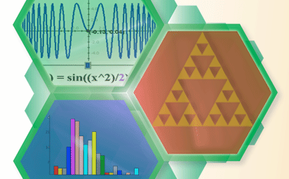 Three
      hexagons: one showing a graph of f(x) = sin((x^2)/2), one showing a
      histogram, and one showing a Sierpinski triangle