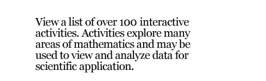 View a list of over 100 interactive activities. Activities explore many areas of mathematics and may be used to view and analyze data for scientific application.